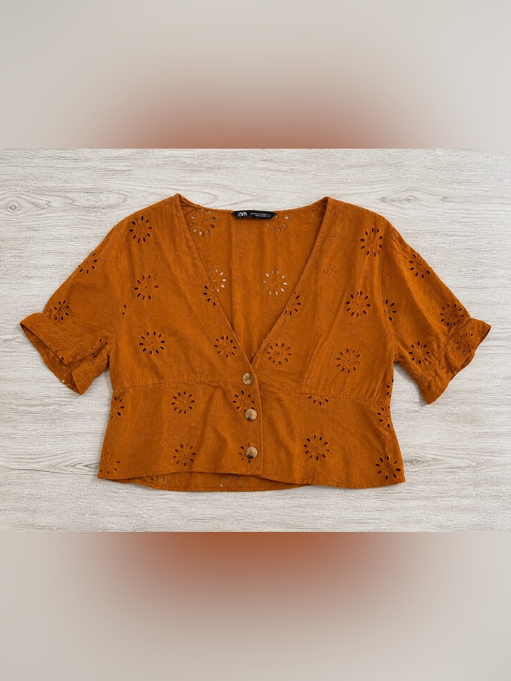 Zara Eyelet Wrap Blouse XS Rust Orange Boho Button Front Top